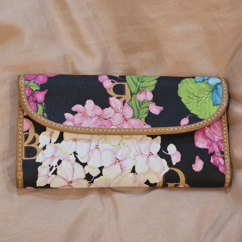 Floral Print Trifold Wallet - Black with Pink & Green
